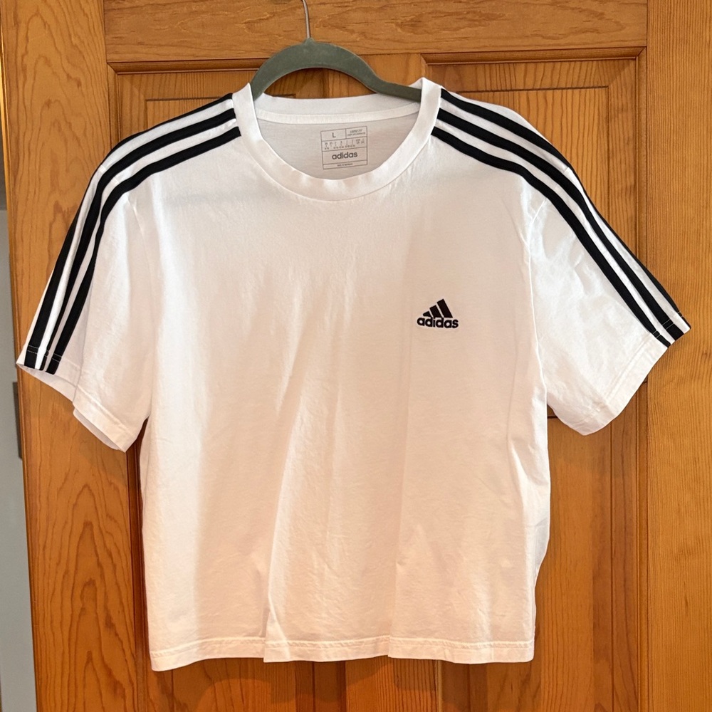 Adidas White Cropped Tee with Black Shoulder Stripes Size Large
